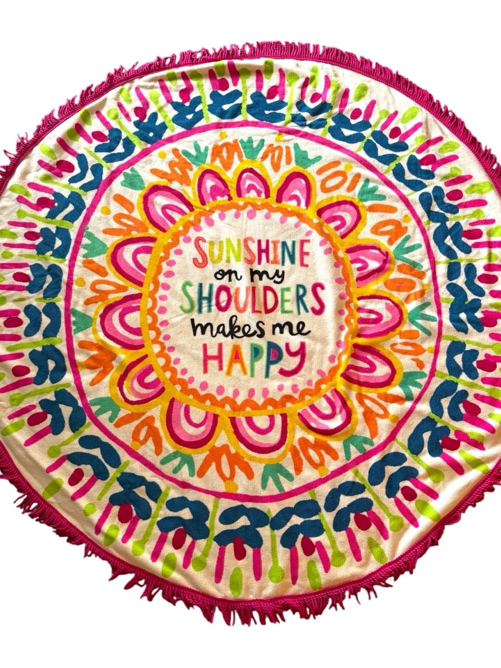 Natural Life Round Fringe Beach Towel Sunshine On My Shoulders Makes Me Happy 60